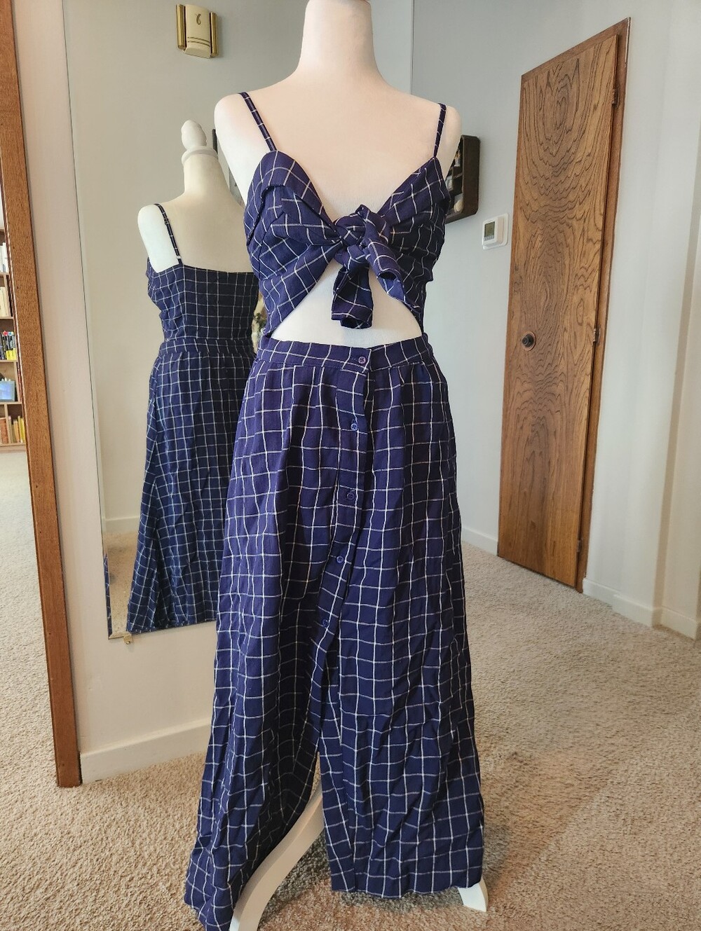 (2 For $30) Slide Show Navy Blue Checkered Dress with Cutout And Buttons